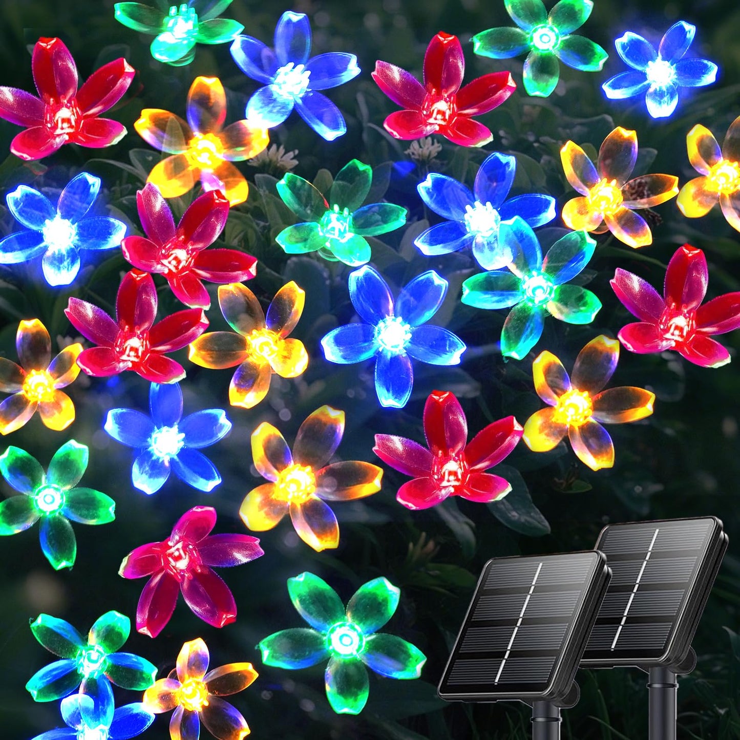 OZS 2PK Solar String Lights, 80 LED, 50FT, Cherry-Multicolor, Waterproof, 8 Lighting Modes, Garden Decor