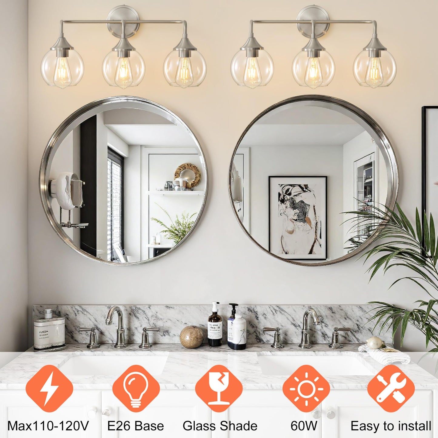 Gednbo Bathroom Light Fixtures 3 Light Bathroom Vanity Light With Clear Glass Shade  22 Inch Vanity Lighting Fixtures Over Mirror  Vanity Lights Fixture (Exclude E26 Bulb) - Brushed Nickel