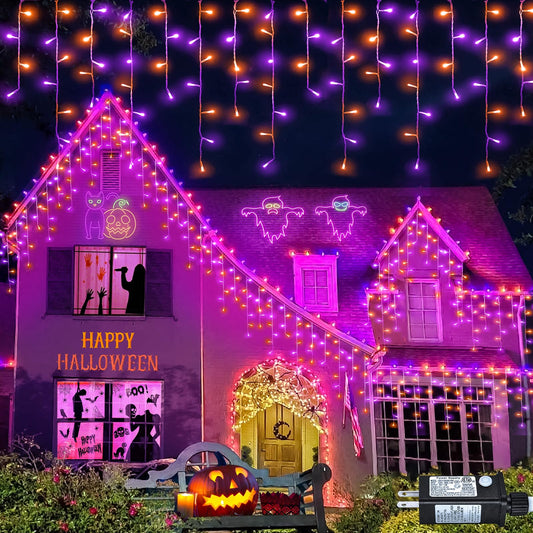 66Ft Christmas Lights Outdoor  640 Led Icicle Lights For Outside  Orange And Purple Twinkle Lights With Connectable Clear Wire 8 Modes Timer Waterproof For House Party Tree Holiday Yard Decorations