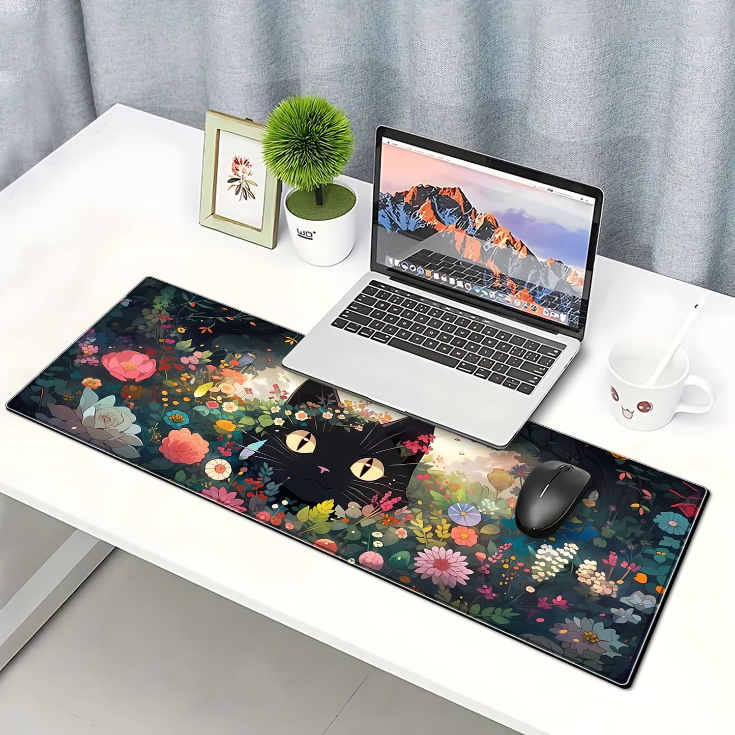 Black Cat Gaming Mouse Pad Colorful Flower Large Desk Mat, 31.5x11.8 Inch Mousepad Extended Non-Slip Rubber Base Keyboard Mat with Stitched Edges for Desk Home Office