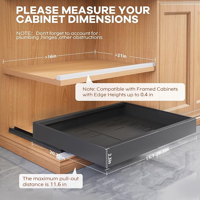 2 Pack Expandable (15.1"-26.3") Pull Out Cabinet Organizer 21" Deep With Raising Pad for Framed Cabinets,Upgrade 3 Slide Rails Slide Out Drawers,No Drill Roll Out Shelves Adhesive,Black