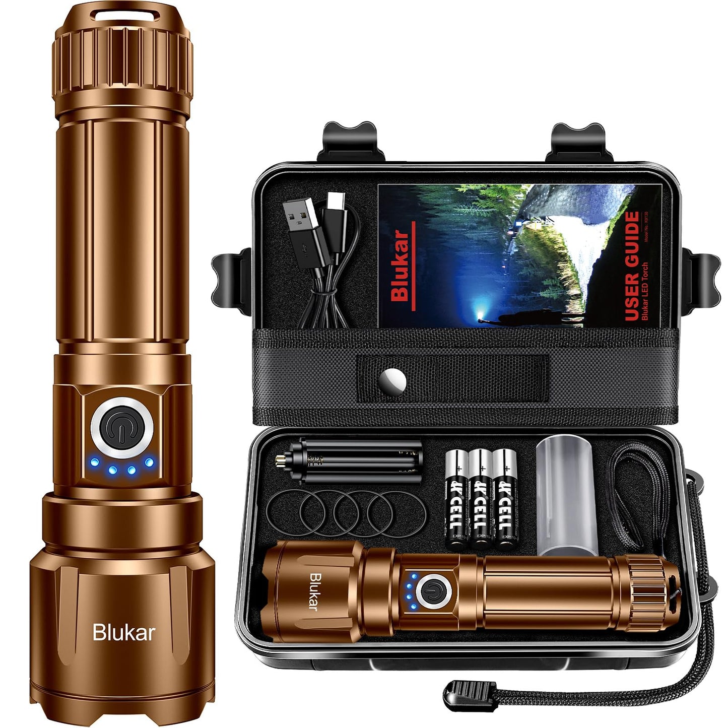 Blukar Rechargeable Flashlight - High Lumens LED, 5 Light Modes, Zoomable, Waterproof, Aluminum, Model K9138, Brown