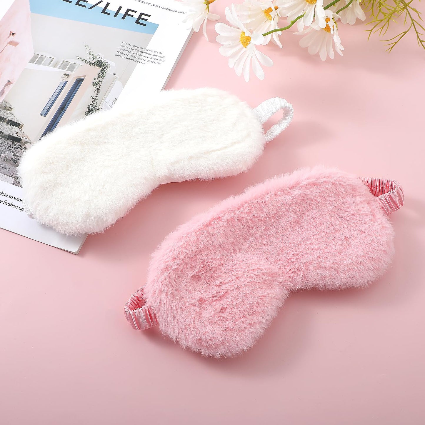 2 Pcs Plush Fluffy Eye Mask Soft Sleeping Blindfold Eye Cover Comfortable Furry Faux Fur Sleeping Mask Satin Nap Night Eyeshade Cover for Women Men Gift (White, Pink)