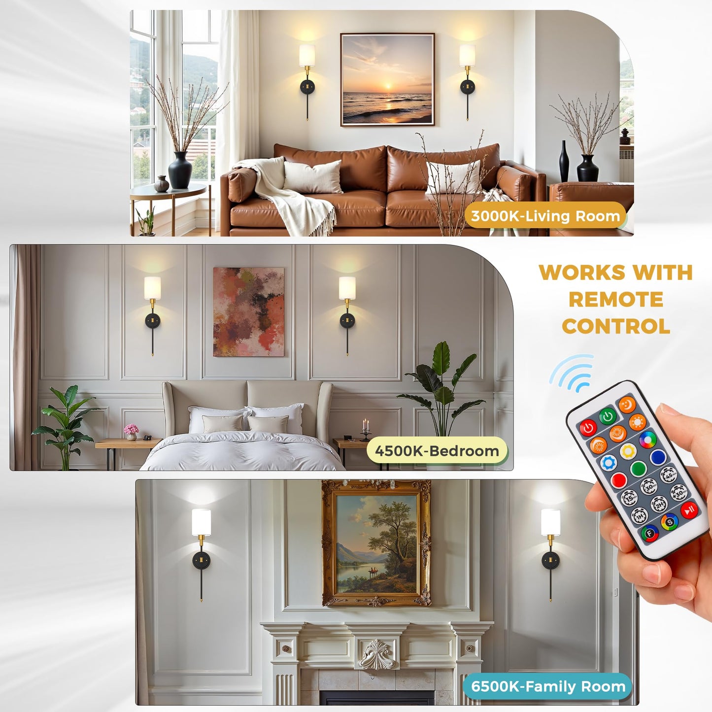 DORESshop Battery Operated Wall Sconce Set of 2, Metal, 24.3in, Wireless, Gold and Black, Easy to Install, Decorative Lighting for Home