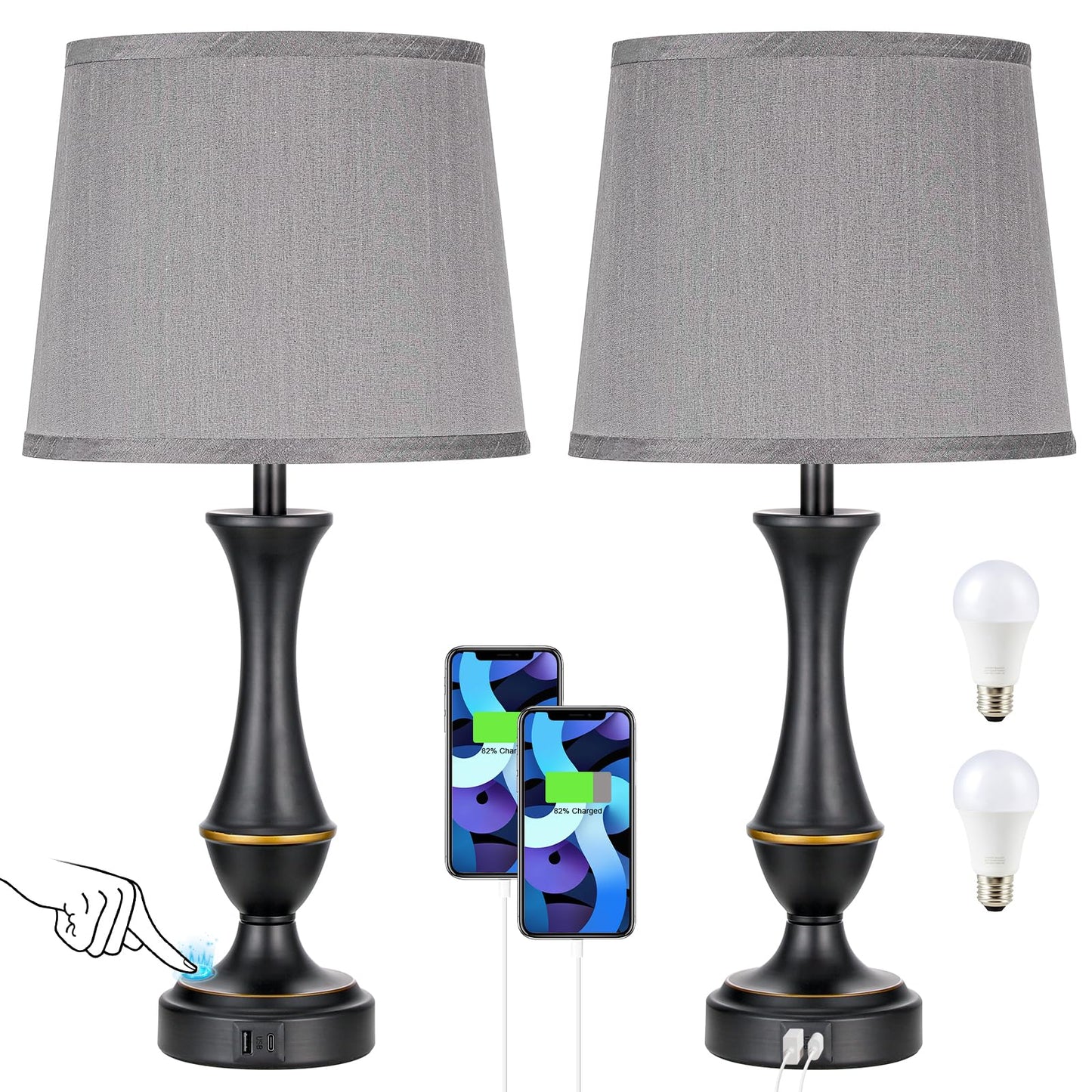 Seealle Touch Lamps Set Of 2 - 3-Way Dimmable Metal Nightstand Lamps With Usb, Grey Shade & Black Base For Bedroom And Living Room