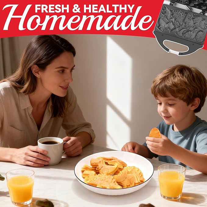 Dinosaur Mini Waffle Maker for Kids, Mini Pancake Maker Machine for Halloween, 8 Different Shaped Dinos in Minutes, Electric Non-Stick Waffle Iron, White