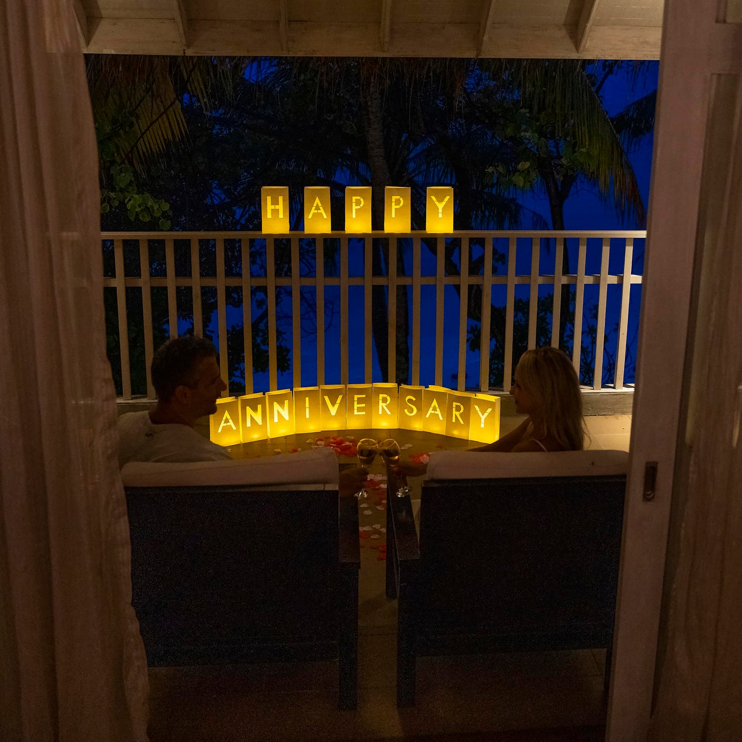 Wymm Happy Anniversary Decorations Light Up Letters With Tea Lights Candles And Rose Petals Included - Luminary Paper Bags To Be Used As Happy Anniversary Banner And Anniversary Decorations Romantic