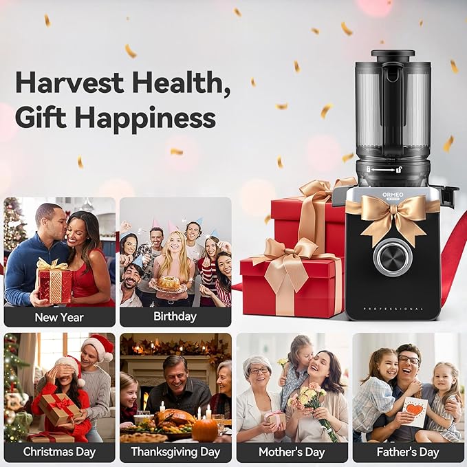 Cold Press Juicer, ORMEO HOME Juicer Machines with 4.35"Large Feed Chute Fit Whole Vegetables & Fruits, Masticating Juicer with Pulp Seperation, 99.6% Juice Purity, Quiet Motor, Easy to Clean,BPA Free