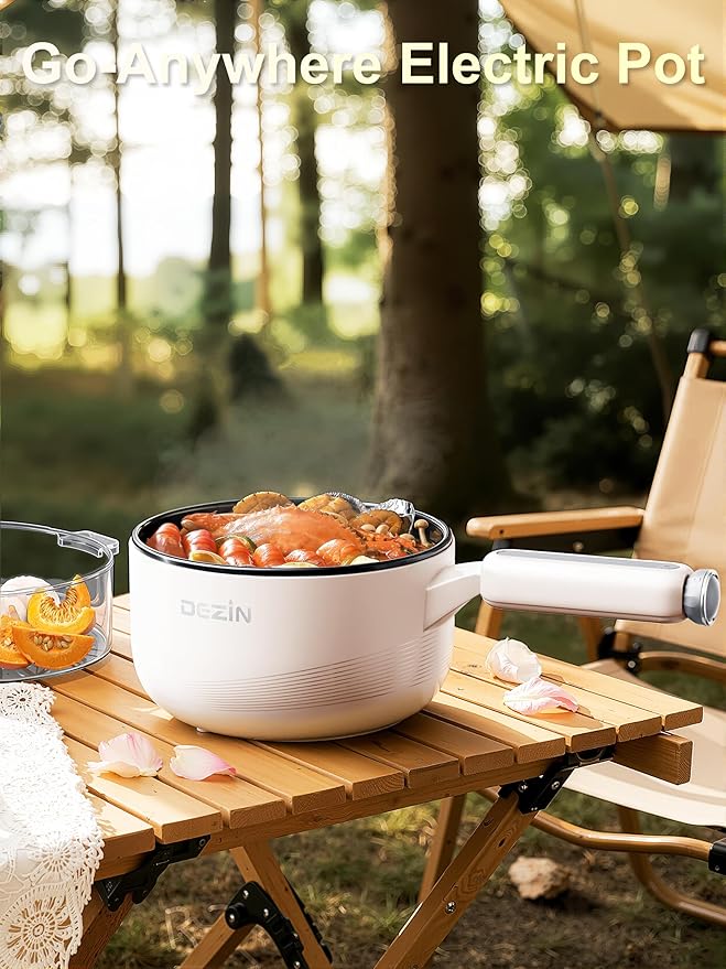 Dezin Electric pot with Steamer, 2L Non-Stick Sauté Pan, 5-in-1 Multifunctional Hot Pot Electric for Steak, Fried Rice, Oatmeal, Soup, Dual Power Control, Portable Pot for Dorm, Office & Small Kitchen