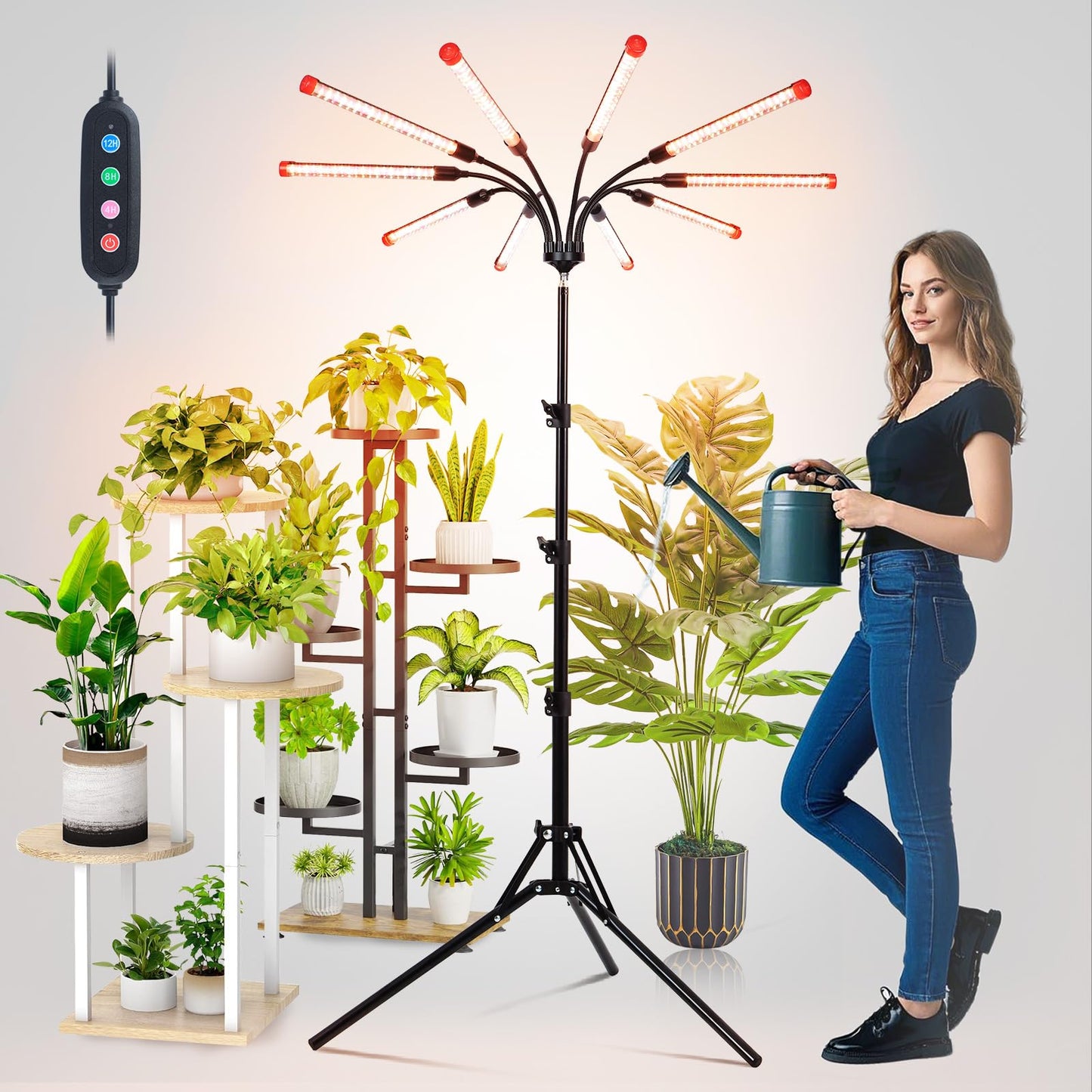 FECiDA 90W LED Grow Light for Indoor Plants, 10-Head, Full Spectrum, Black, Model ZH_GL_RH