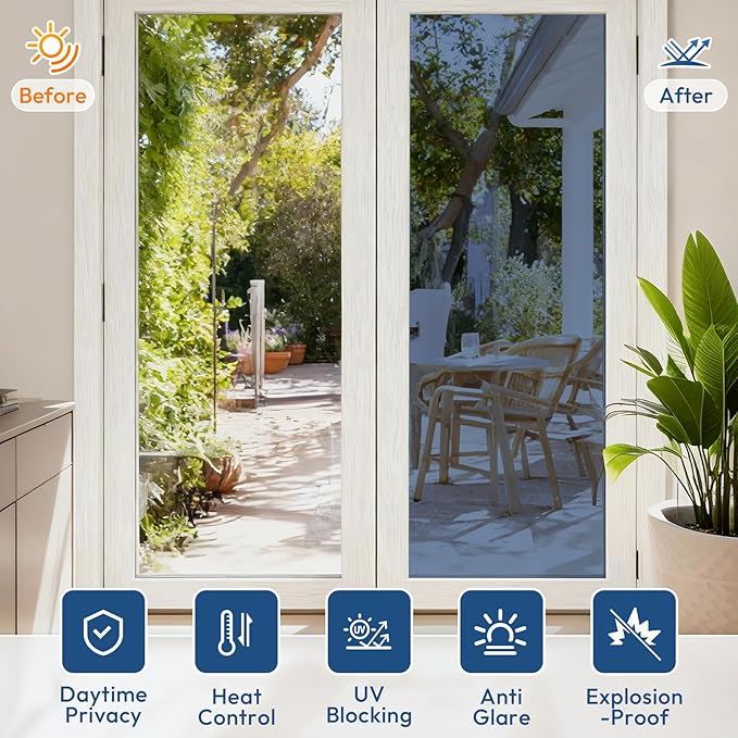 rabbitgoo Window Tint for Home One Way Privacy Window Film See Out Not in Heat UV Blocking Reflective Removable Static Cling Mirror Decorative House Glass Covering, Blue Silver, 17.5 Inch X 6.5 Feet