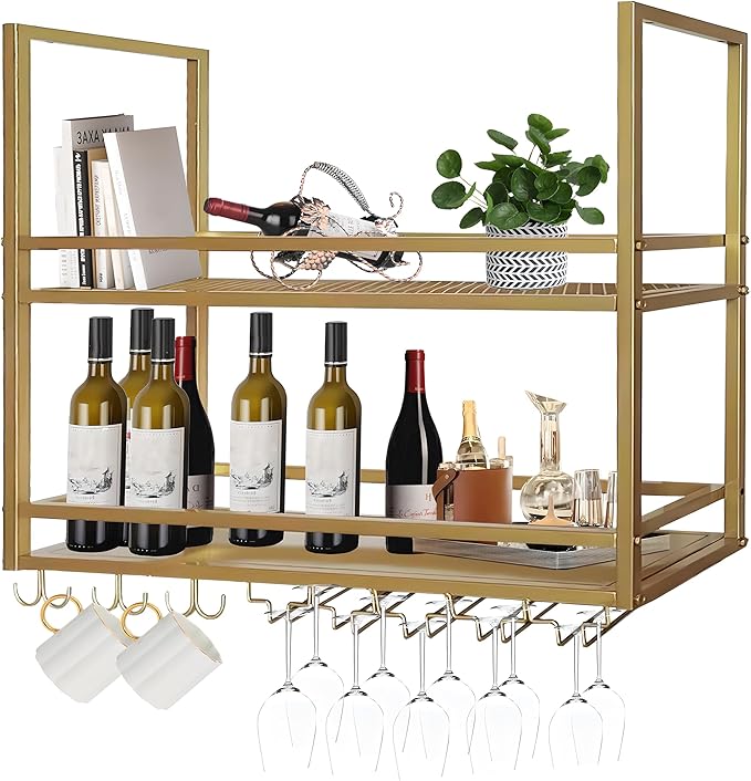 Ceiling Wine Glass Rack, Hanging Wine Display Shelf 2-Tier, Bar Liquor Storage Shelf for Bar Cafe Kitche, Metal Wine Bottle, Goblet Stemware Rack (Gold, 31.49x39.37x11.81in)