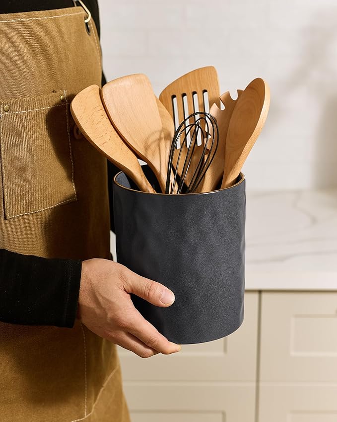 famiware Ocean Utensil Holder, 7.2"+5.8" Ceramic Kitchen Utensil Holder for Countertop, 2 Pieces Cooking Utensil Crocks, Utensil Organizer for Spatula & Spoon, Kitchen Decor, Set of 2, Matte Black