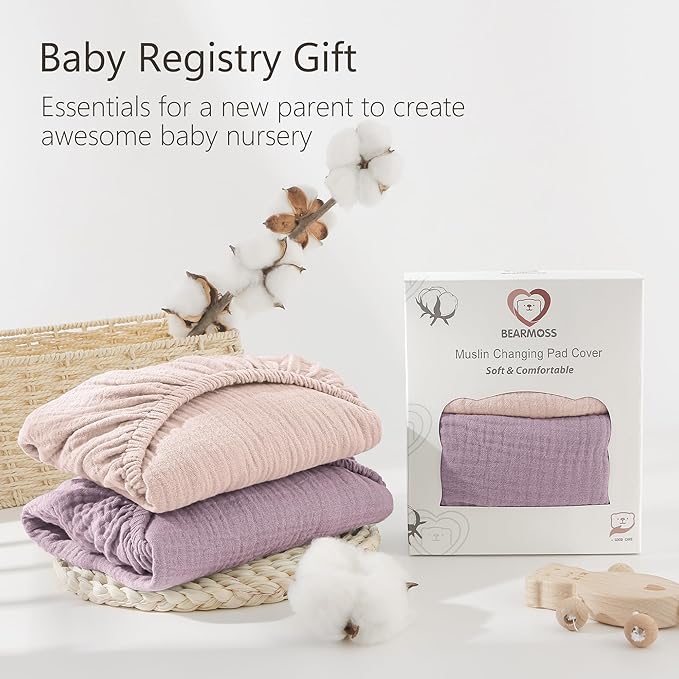Bearmoss Changing Pad Cover, 2 Pack Muslin [100% Cotton] Diaper Changing Table Covers, 32'' x 16'' Soft Breathable Changing Pad Sheets for Unisex Baby Girls and Boys with Strap Holes (Candy Floss)