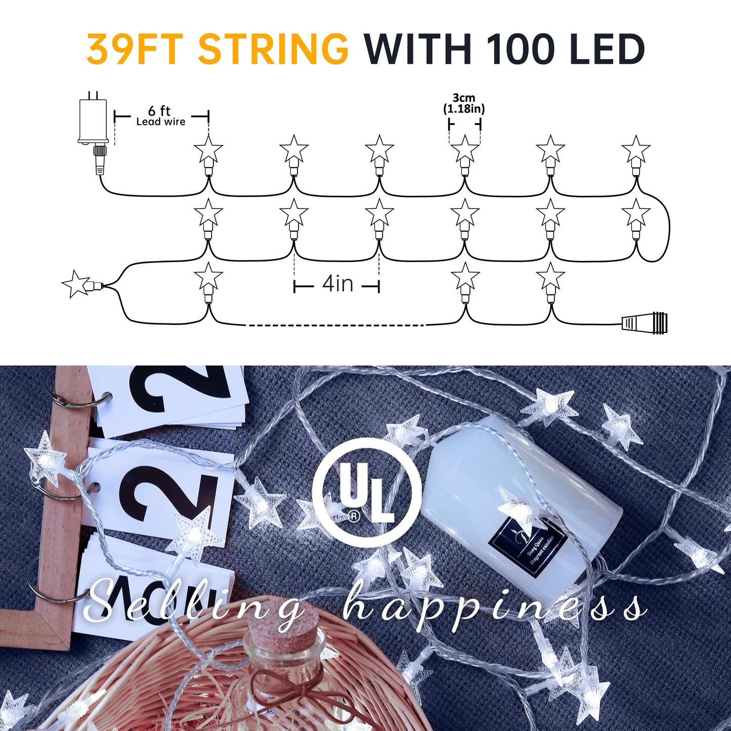 Heyfuni Led Star String Lights  100 Led 33 Ft Outdoor Christmas Fairy Lights  8 Modes For Holiday New Year Wedding Party  Xmas Tree  Garden Decor(White)