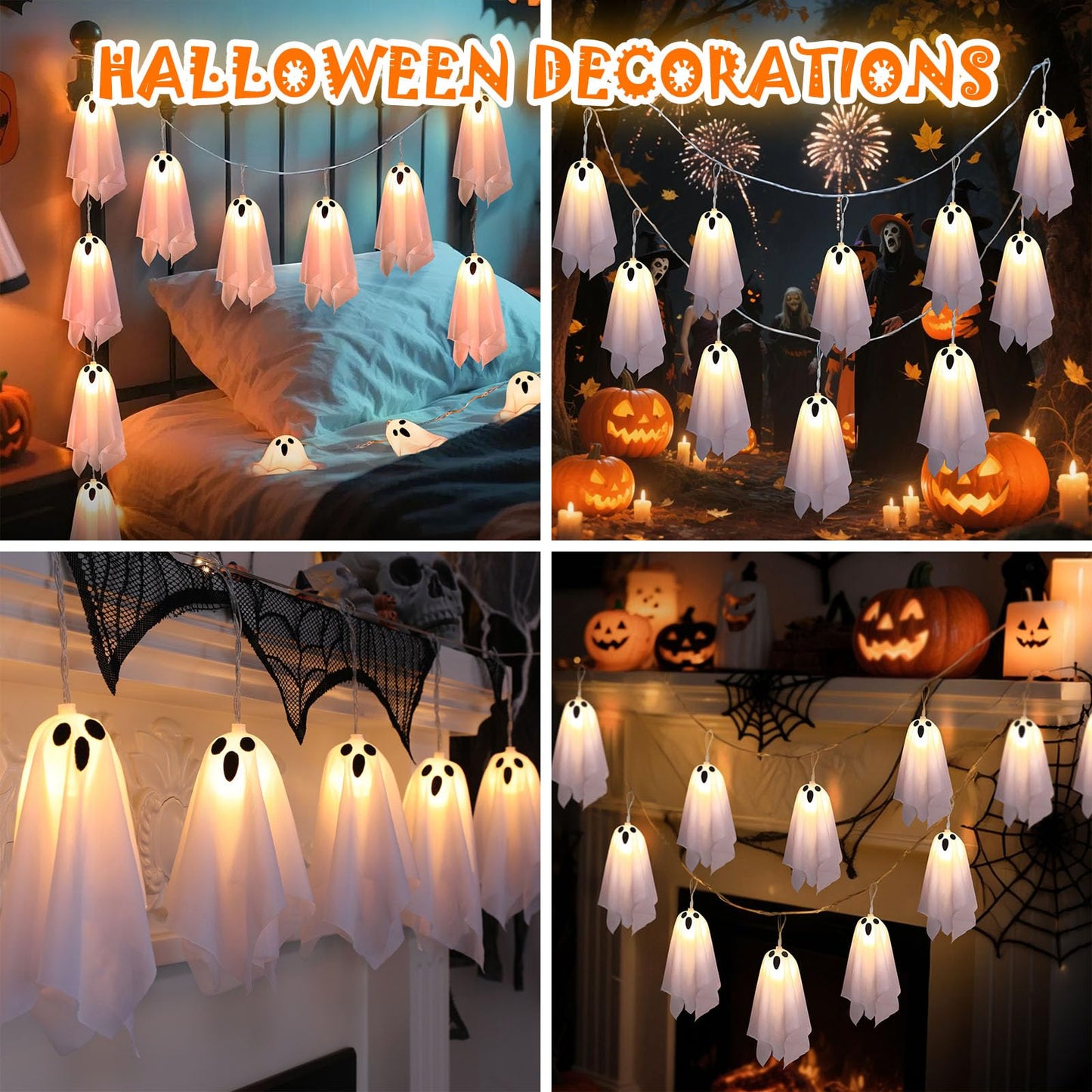 Tbgenius Halloween Ghost Decor  10Pcs Spooky Ghosts String Lights Battery Operated With Timer 8 Lighting Mode For Home Window Indoor Outdoor Halloween Party Decorations
