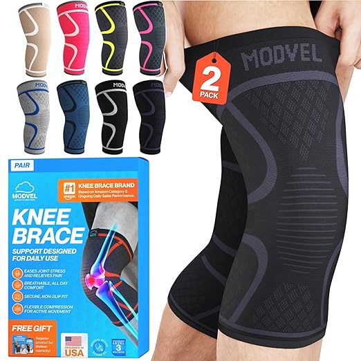 Modvel 2 Pack Knee Brace for Women & Men - Workout Knees Compression Sleeve for Knee Pain Relief Joint Support for ACL, Ar...