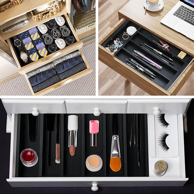 Black Bamboo Kitchen Silverware Organizer Tray Expandable Large Utensil Holder Drawer Divider Organizers Storage Adjustable Cutlery Utensil Tray Spoon Holder Wooden Flatware Organizer for Drawer