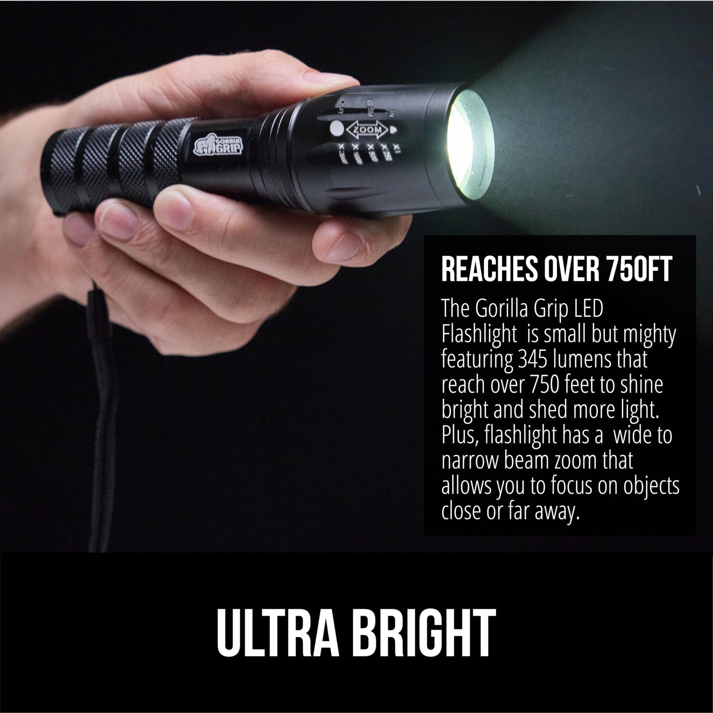 Gorilla Grip LED Tactical Handheld Flashlight, 750 FT Zoom, 5 Modes, Water Resistant, Black, Model 840029670880