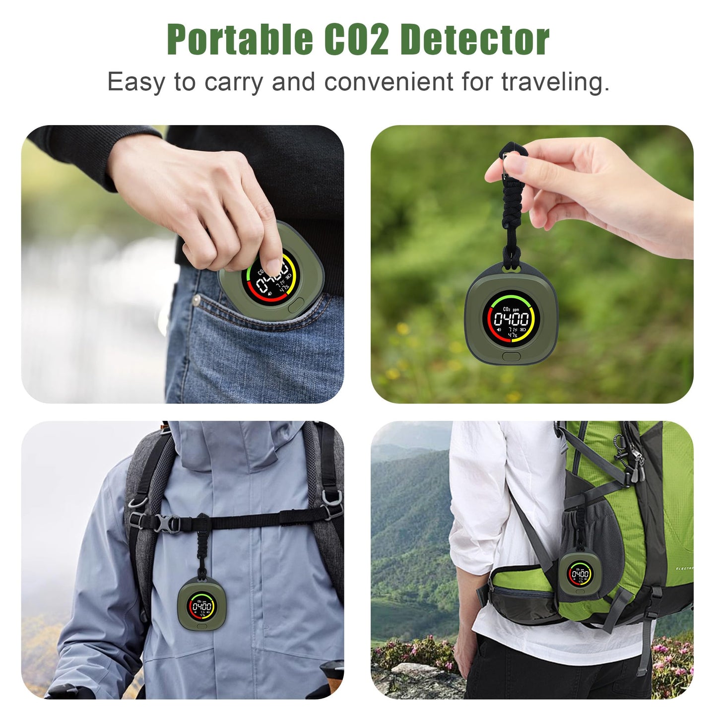 ASIEIT 4-in-1 Portable Carbon Monoxide and Carbon Dioxide Detectors, Upgraded 3-Day Standby Rechargeable CO & CO2 Detector, Real-Time CO & CO2 Alarm for Air Safety for Travel, Camping, Home, Green