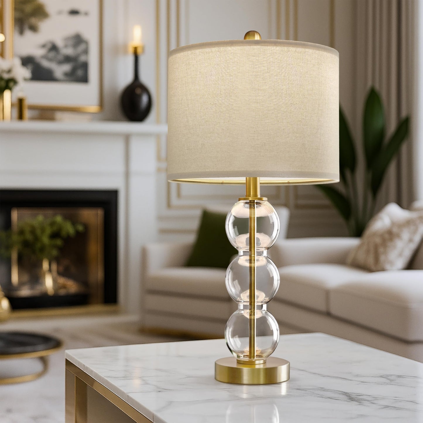 Oneach 24in Glass Table Lamps Set of 2, Gold, USB Ports, Linen Shade, Model OYS-AMZ-T1123GL-U