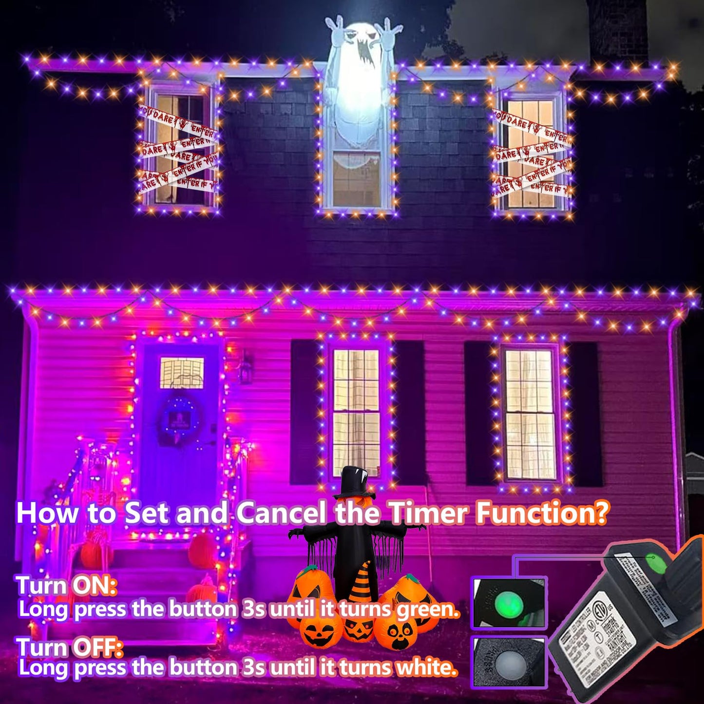 Yeguo 66Ft 200 Led Orange And Purple Halloween Lights Outdoor Waterproof  Green Wire Christmas String Lights Indoor  8 Modes Twinkle Tree Lights Plug In With Timer Memory