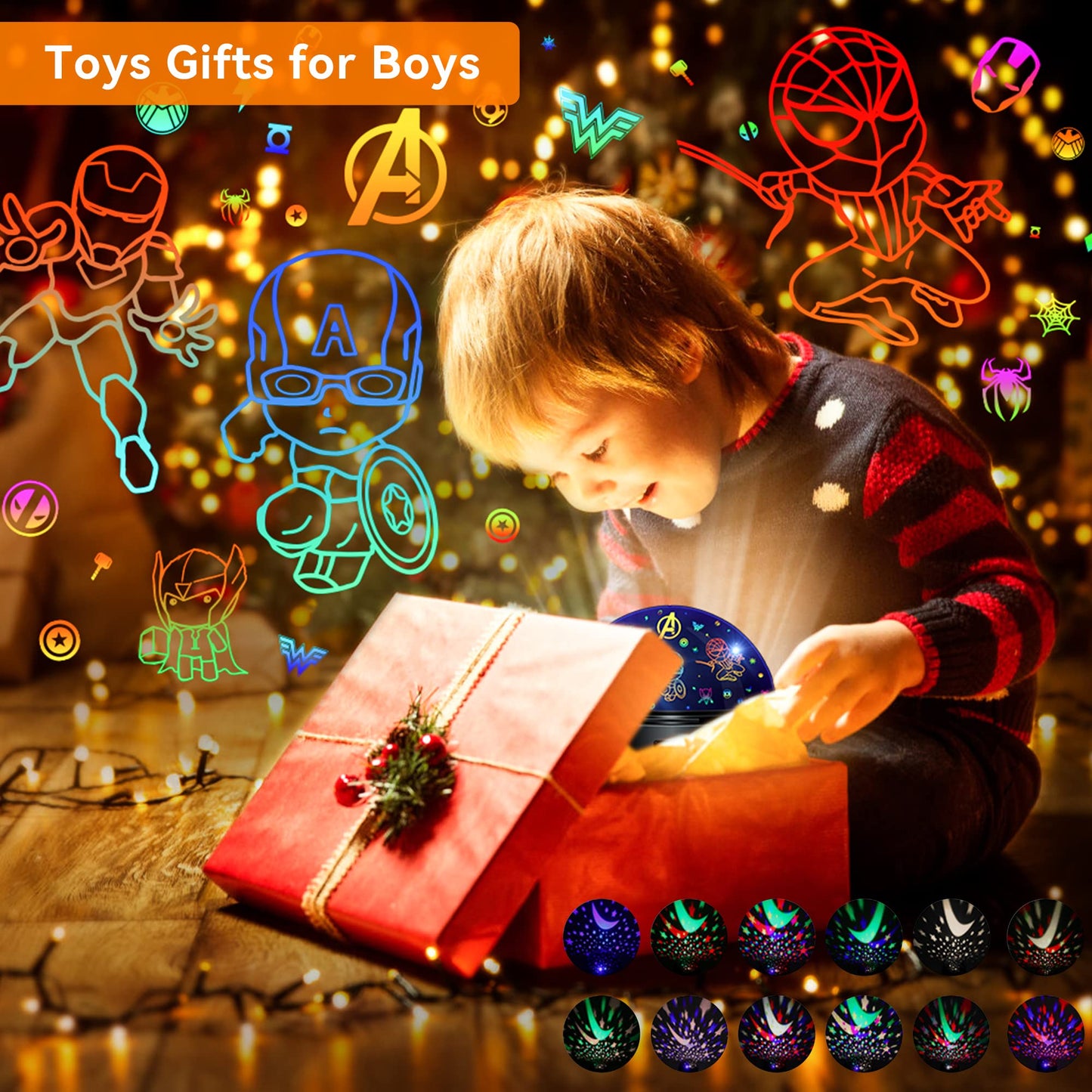 Mokoqi Superhero Night Light Projector For Kids, 360° Rotation, Black, Model No.012-1761, Includes Spiderman Figurine, Timer