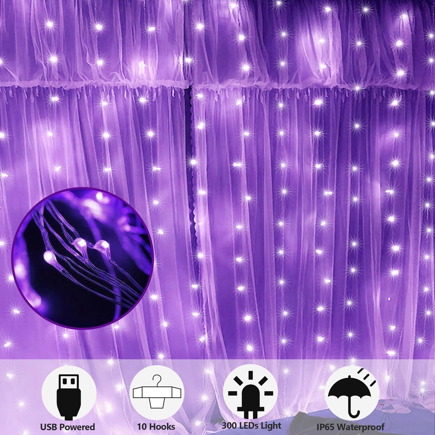 HOME LIGHTING Window Curtain String Lights, 300 LED, 8 Modes, USB Powered, Purple, Model: 78ee47ac-1dca-4f16-9396-269