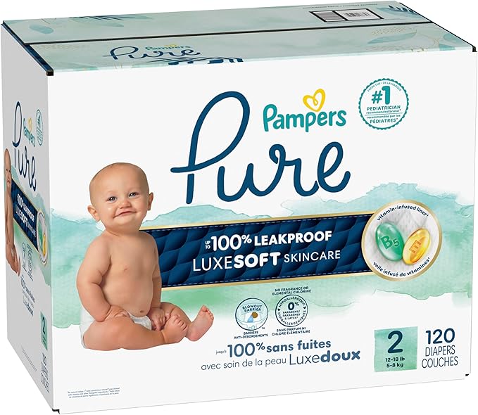Pampers Pure Protection Baby Diapers, Size 2 (12-18 lbs), 120 Count, Up to 100% Leakproof, Premium Plant-Based Skin Protection, Hypoallergenic Soft Diapers