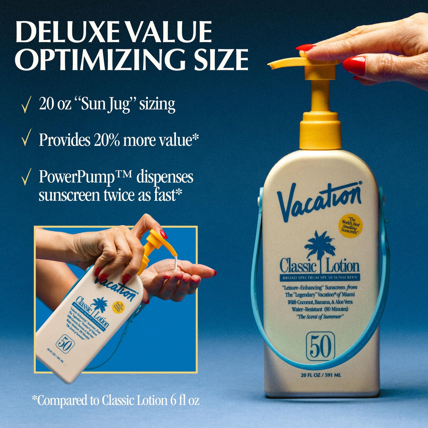 Vacation Classic Lotion SPF 50 Sun Jug, Broad Spectrum Bulk Sunscreen SPF 50, Water Resistant Sunblock, Suntan Lotion with Pump,