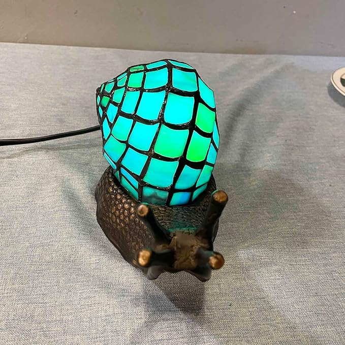 Bieye L10975 Land Snail Tiffany Style Stained Glass Accent Table Lamp for Home Decoration (Cyan, 10" D x 5" W x 5" H)