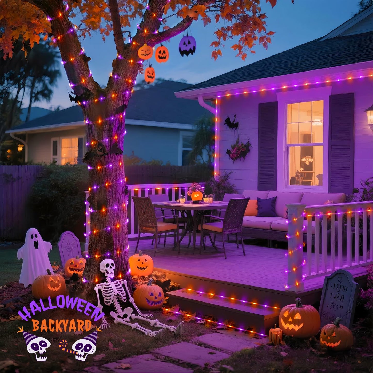 Jmexsuss Orange Purple Halloween Solar Lights  66 Ft 200 Led Purple Rope Lights Outdoor Waterproof  Orange Christmas String Lights For Halloween Fall Party Tree Christmas