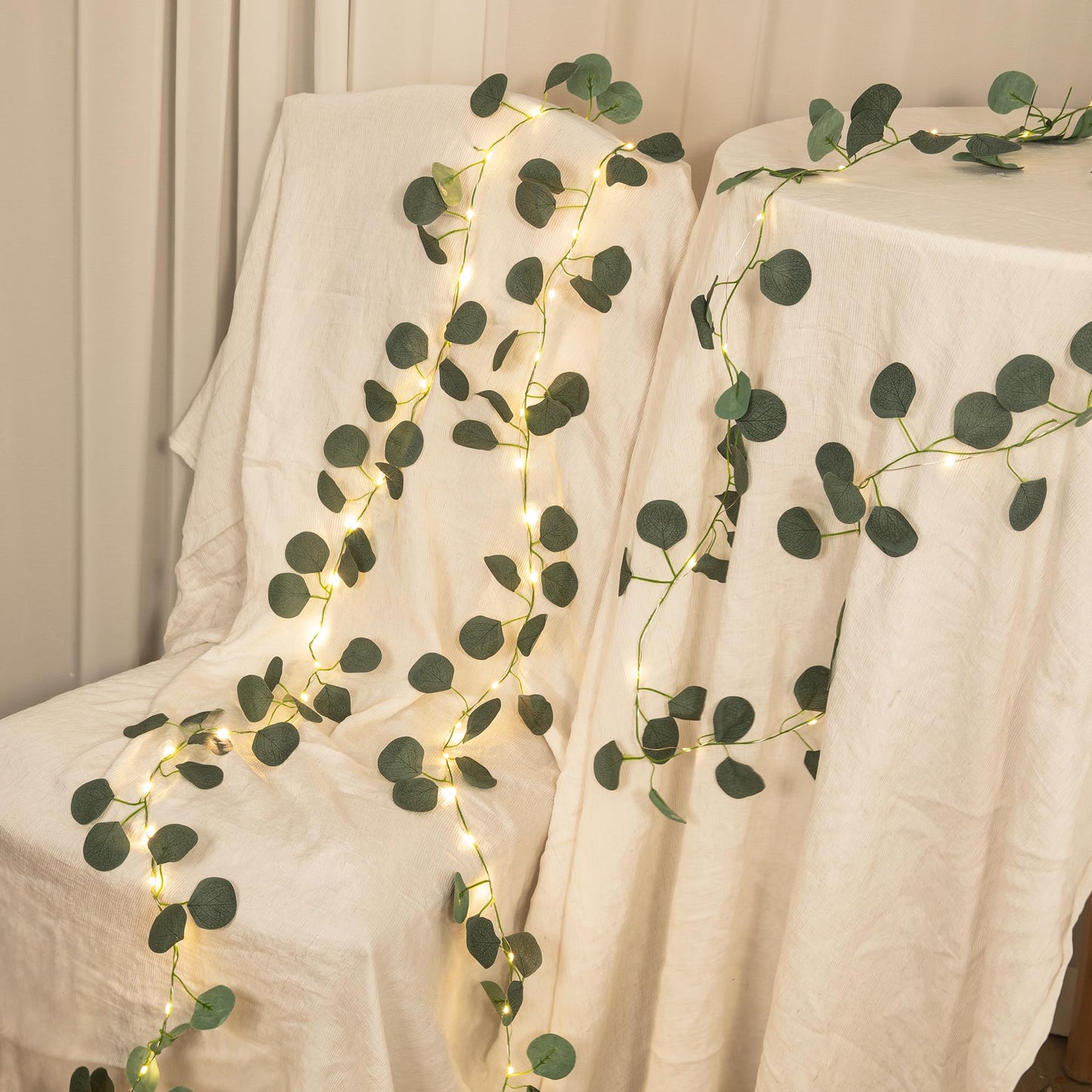 33 Ft Vine With Eucalyptus Leaf Lights Battery Operated  8 Flashing Model Waterproof 100 Leds Artifical Ivy Leaves Vine String Light For Garland Bedroom Wedding Party Holiday Patio Decor