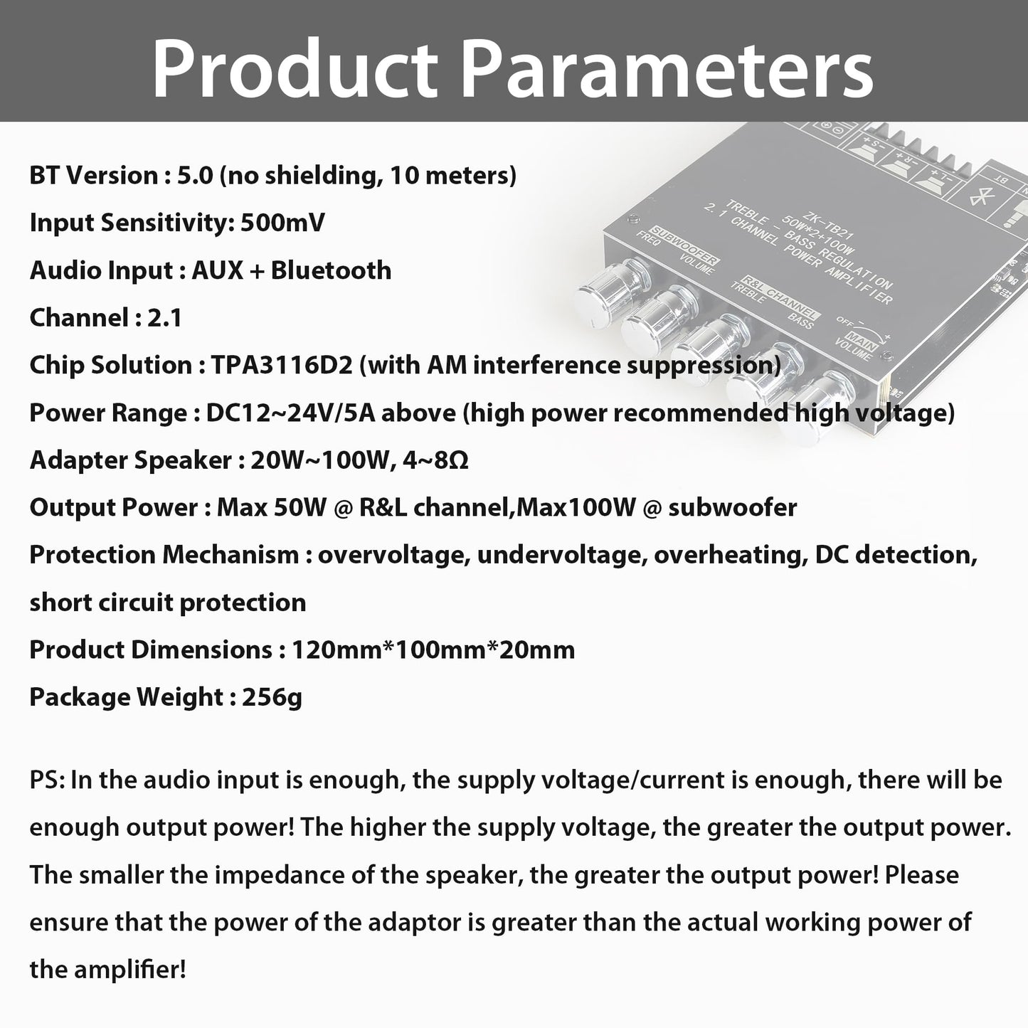 Zk-Tb21 Bluetooth Amplifier Board 2.1 Channel,50W+50W+100W Power Output Class D Amp Module With Dual Tpa3116D2 Chip (Zk-Tb21)