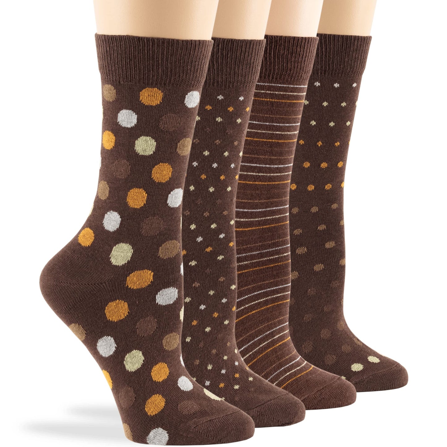 7BIGSTARS KINGDOM Women Cotton Crew Socks - 4 Pack Large - Patterned-Striped-Mid Dotted -Polka Dot - Casual-Dress-Sock Size:10-12, Shoe Size: 8-12, Brown