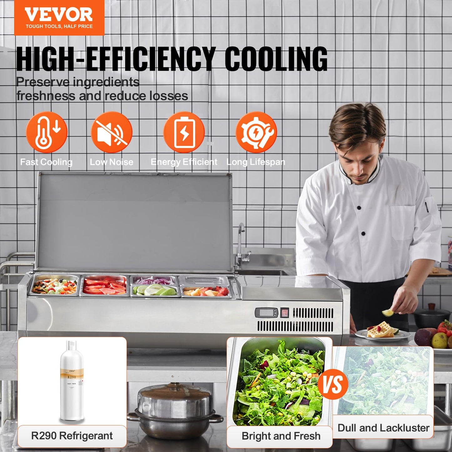 Vevor Refrigerated Condiment Prep Station, 135 W Countertop Refrigerated Condiment Station, With 2 1/3 Pans & 4 1/6 Pans, 304 St