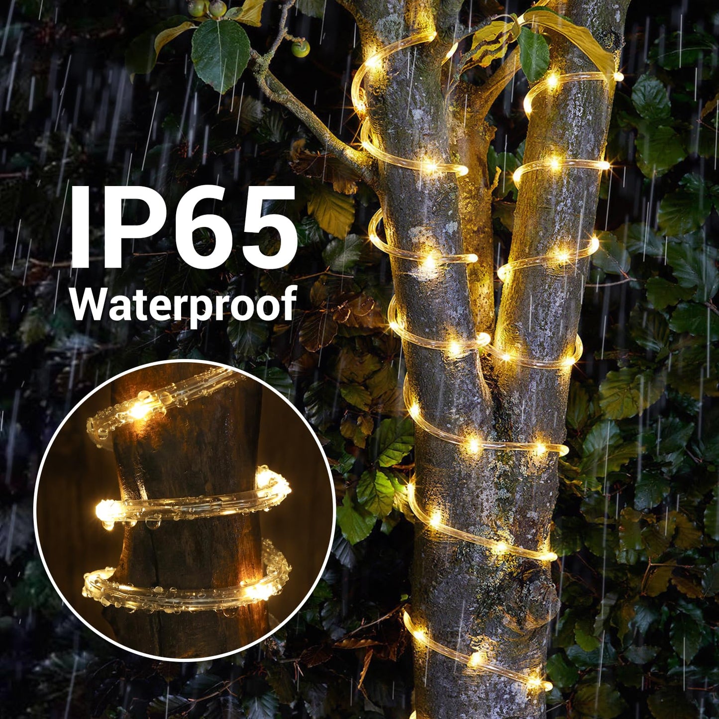 Jnaurb Solar Rope Lights, 66ft 200LED, Waterproof, Flexible Plastic, Warm White, 8 Modes, Outdoor Decor