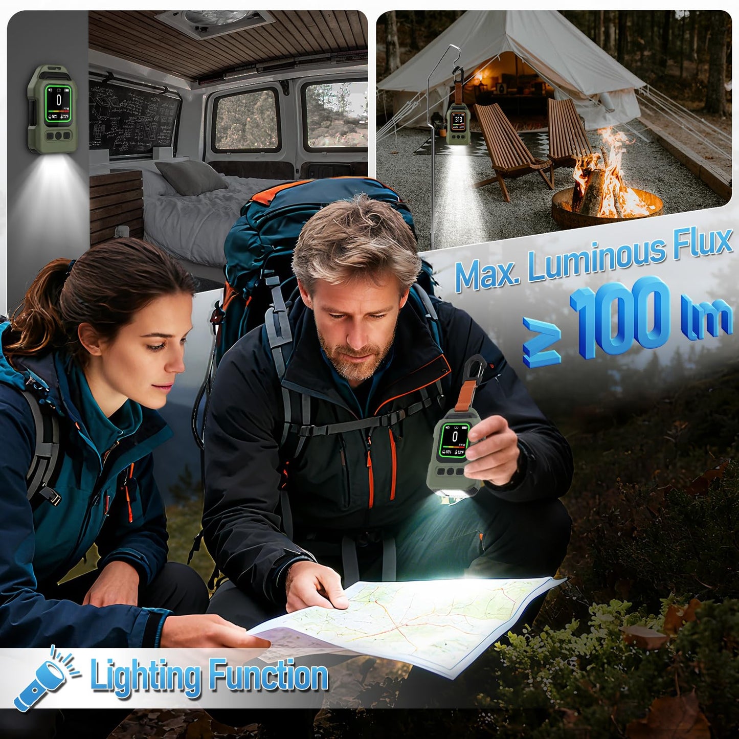 Lwuey Portable Carbon Monoxide Detector for Travel, Professional 4-in-1 Square CO Monoxide Monitor with Audible and Visual Alarm Rechargeable Backlit LCD Screen 300HR Standby for Home Car Camping Tent