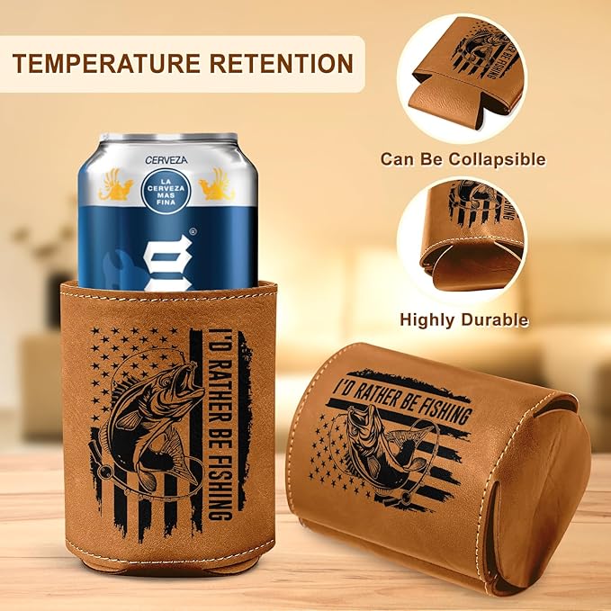 Fishing Gifts for Men – Leather Beer Can Cooler – Perfect Christmas, Birthday Gift for Fisherman – Fishing Present for Dad, Husband, or Friend – Durable Collapsible Leather Can Holder