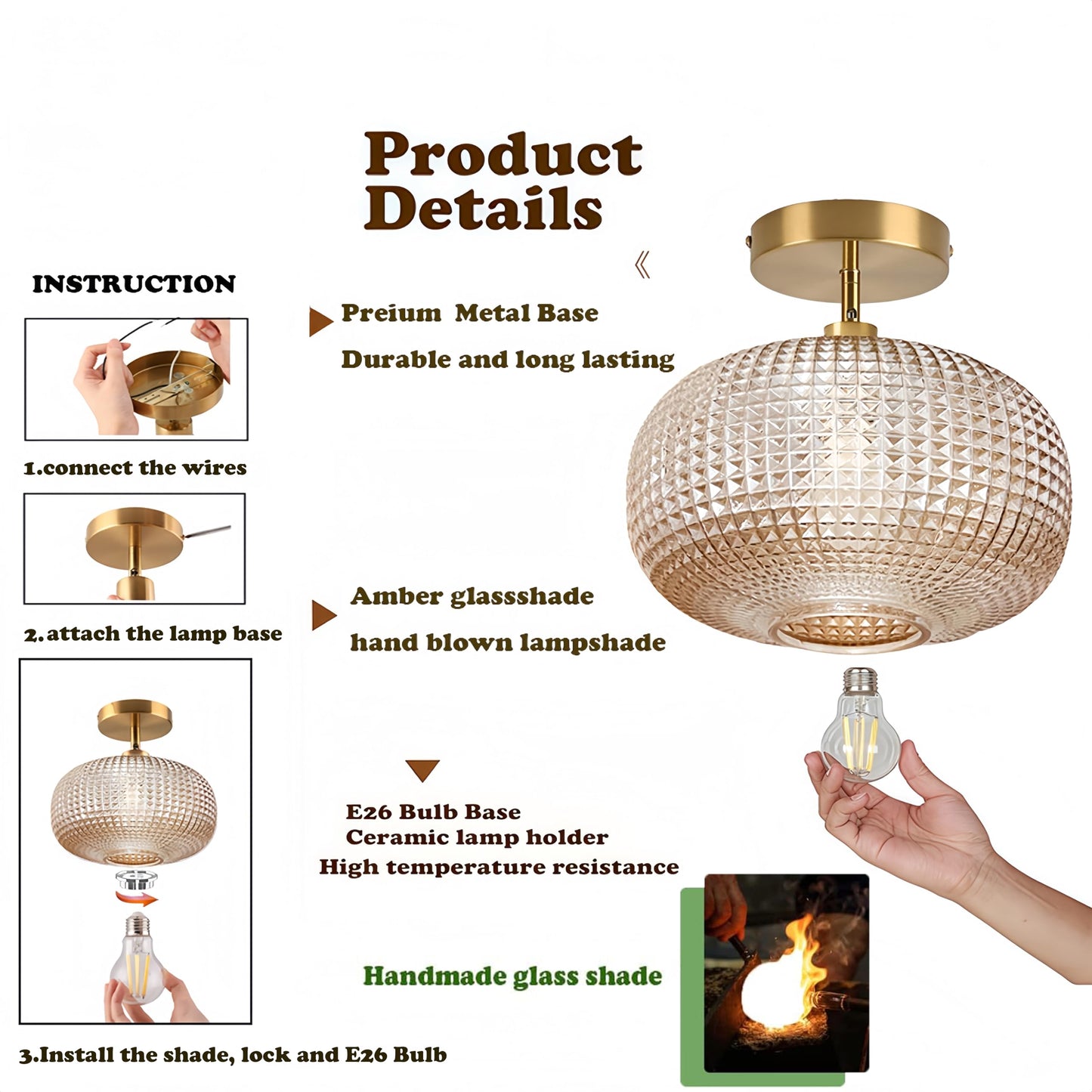 Jolydoly Semi Flush Mount Ceiling Light Vintage Small Ceiling Light Fixture Hallway Lighting Fixture With Amber Glass Shade Art Deco Kitchen Lighting Fixtures Ceiling For Bedroom Bathroom Porch