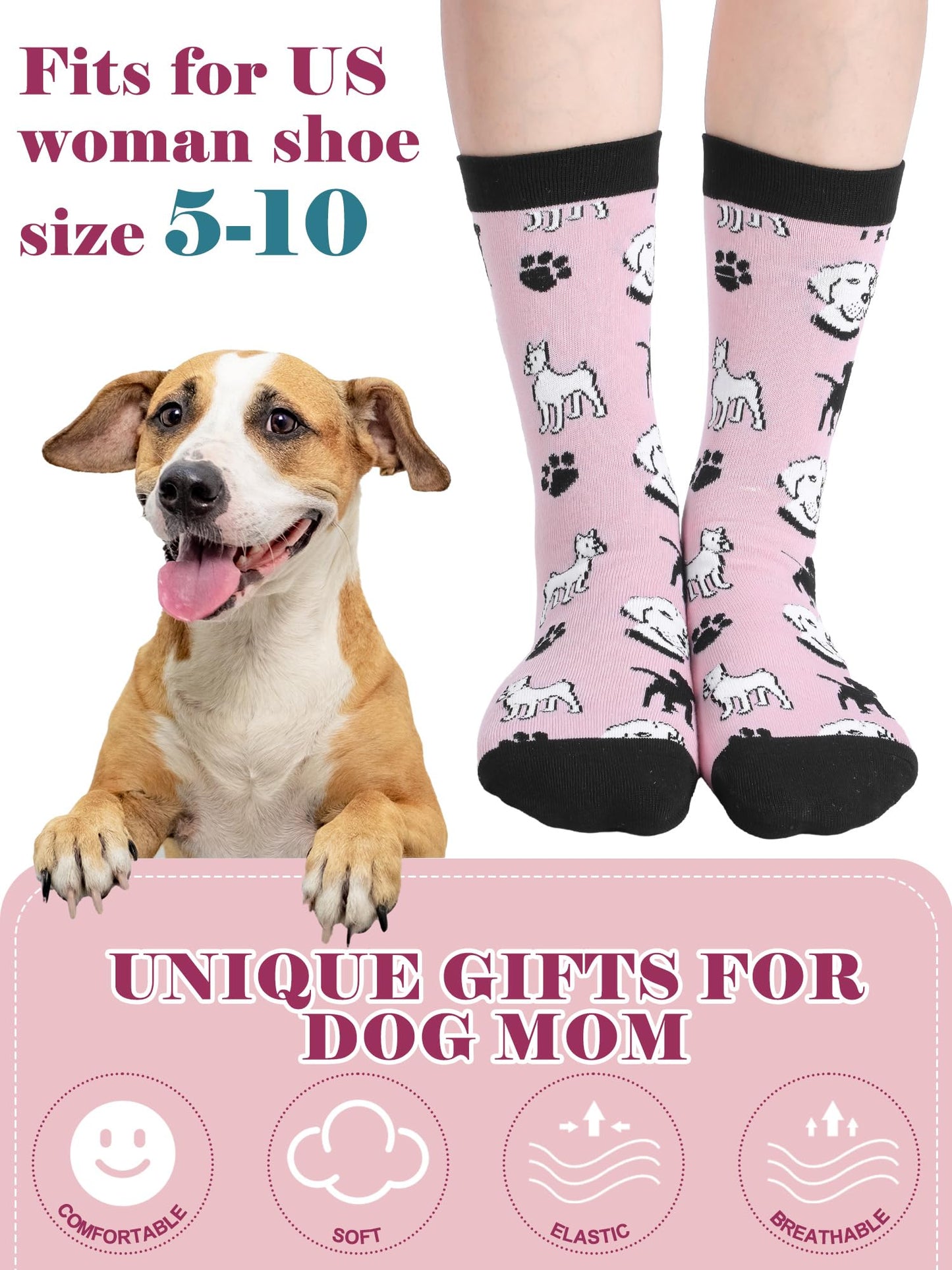 Hercicy 6 Pairs Novelty Dog Lover Gift Socks for Women Cute Dog Paw Cotton Crew Socks Christmas Mother's Day Gift for Pet Owners New Puppy Mom