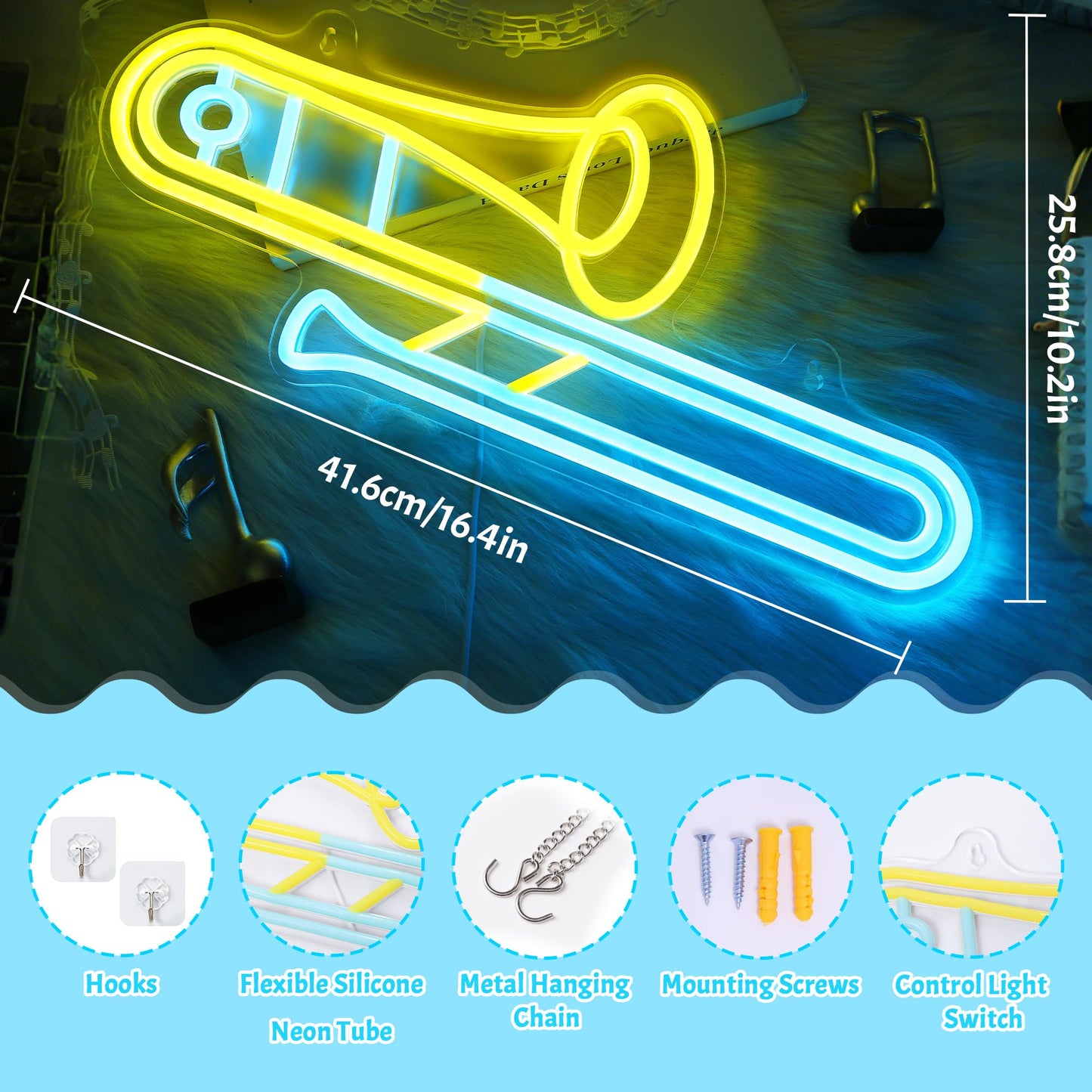 CoolGift Mart Trombone Neon Sign, Dimmable LED Trombone Room Decor Light With USB Powered, Decorations for Bedroom Living Room Club Music Studio, Gifts for Trombone Enthusiasts Music Lovers