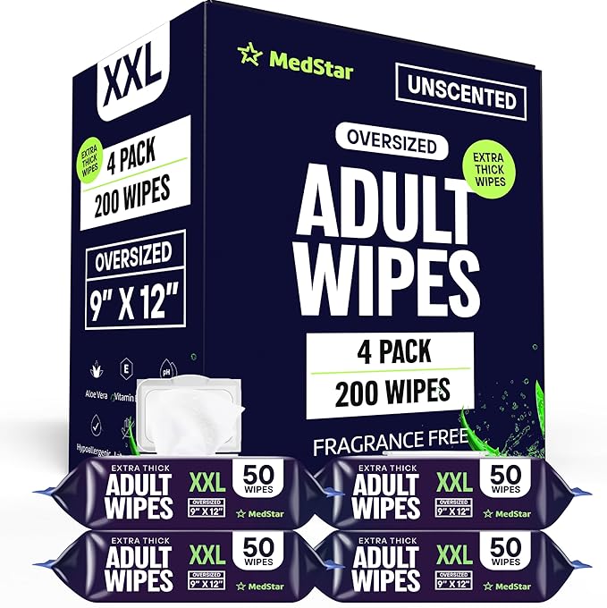 Adult Wipes for Elderly 4 Pack - Hospital Grade Extra Large Extra Thick Disposable Washcloths for Adult No-Rinse Bathing & Shower Alternative - Fragrance-Free XXL