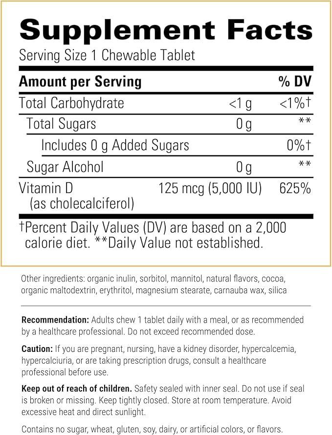 Integrative Therapeutics Vitamin D3 125 mcg - 5,000 IU – Immune Support Supplement* - Healthy Bone Support* - Gluten Free - 90 Chocolate Flavored Chewables