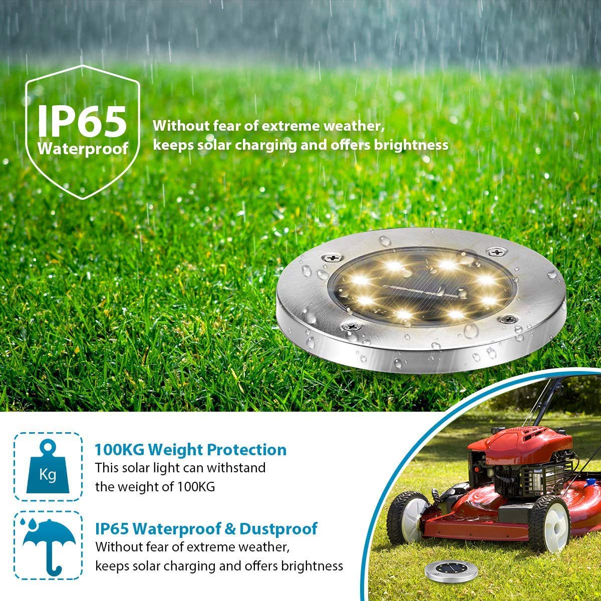 Aogist Solar Ground Lights, 12 Packs, 8 LED Waterproof Disk Lights, Stainless Steel, Warm White, Model DMD-1214