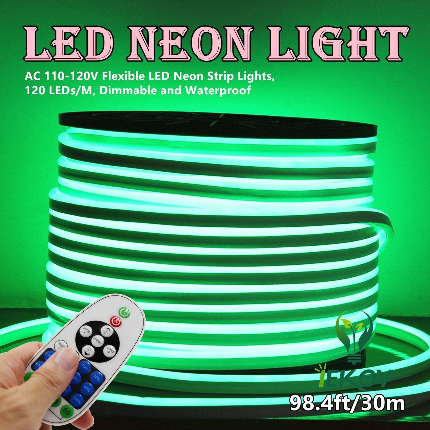IEKOV LED Neon Light, 30m/98.4ft Flexible Rope Light, Dimmable, Waterproof, 120 LEDs/M, Green, Model NEON LIGHT-G-30M