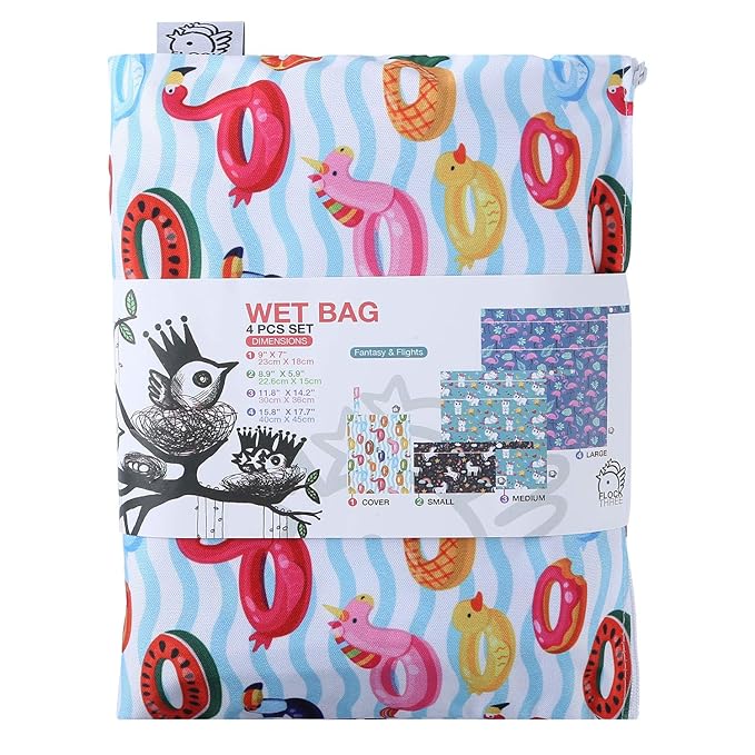 Waterproof and Reusable Wet Bag Diaper Stroller Water Resistant Swimsuit Travel Toiletries Yoga Gym Washable Carrier Small Medium Large Flamingo 4 Pack