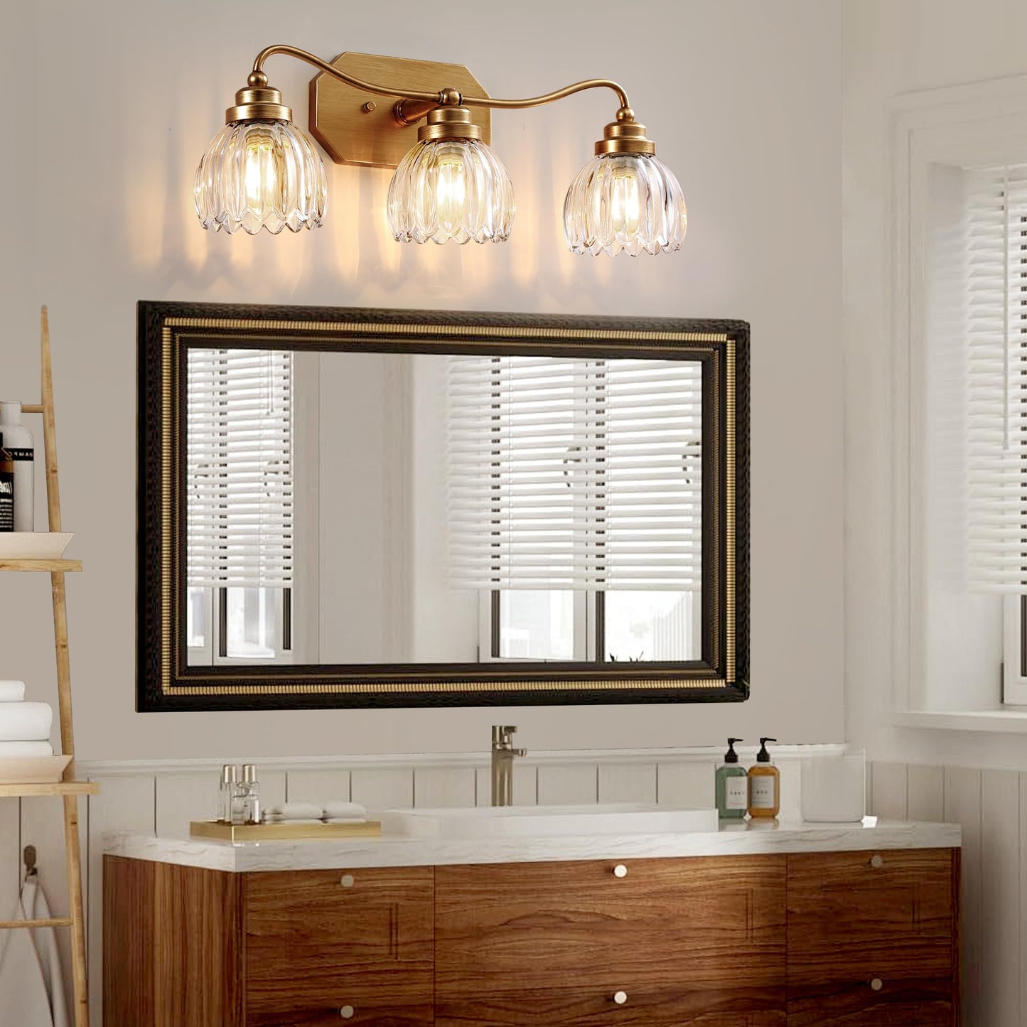Cmnvmn Vintage Bathroom Light Fixtures  Gold Bathroom Vanity Light  Matte Antique Brass Finish With Crystal Glass Shade  Wall Sconces Lighting For Bedroom  Living Room  Hallway (Gold  3-Light)