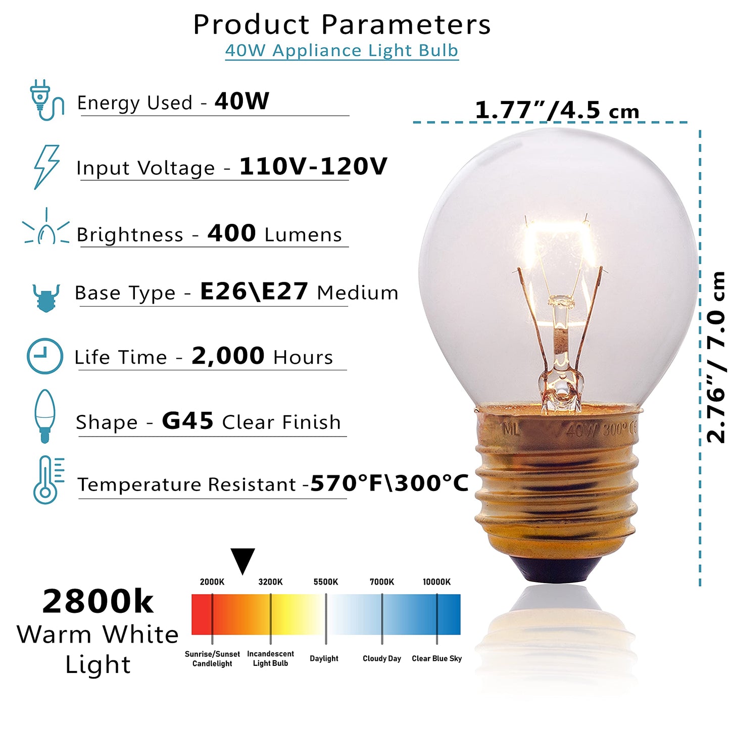 SouLight Oven Light Bulb – 40 Watt Appliance Replacement Bulbs for Oven, Stove, Refrigerator, Microwave. Incandescent - High Temp G45 E26/E27 Socket -Warm White - 400 Lumens - Clear.2 Pack