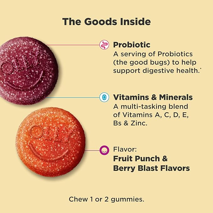 OLLY Kids Multivitamin & Probiotic Gummy, Digestive Support, Vitamins A, D, C, E, B, Zinc, Chewable Supplement, Berry Flavor, 50 day supply - 100 Count